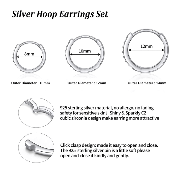 Bøjle øreringe sølv dame øreringe 3 par 925 sterling