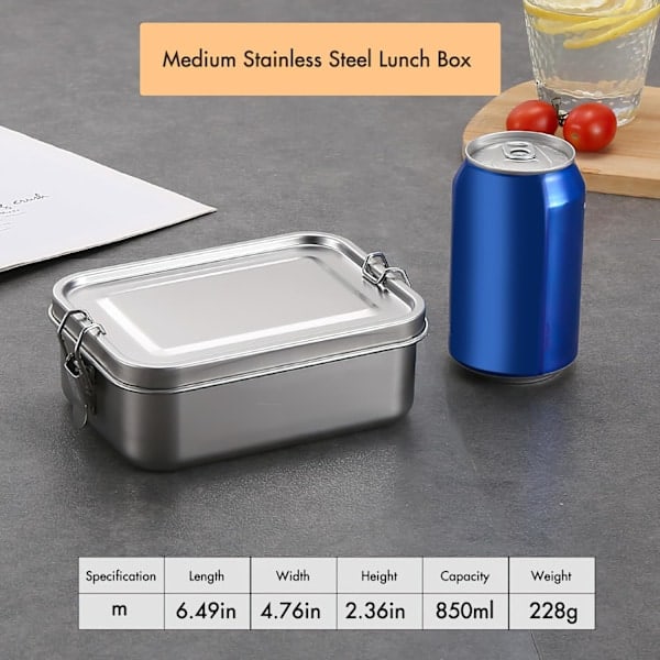 Madkasse i rustfrit stål, 850 ml Bento-boks med låseclips, lækagesikker, bærbar madopbevaringsbeholder til salat og sandwich 850 ml 850ml