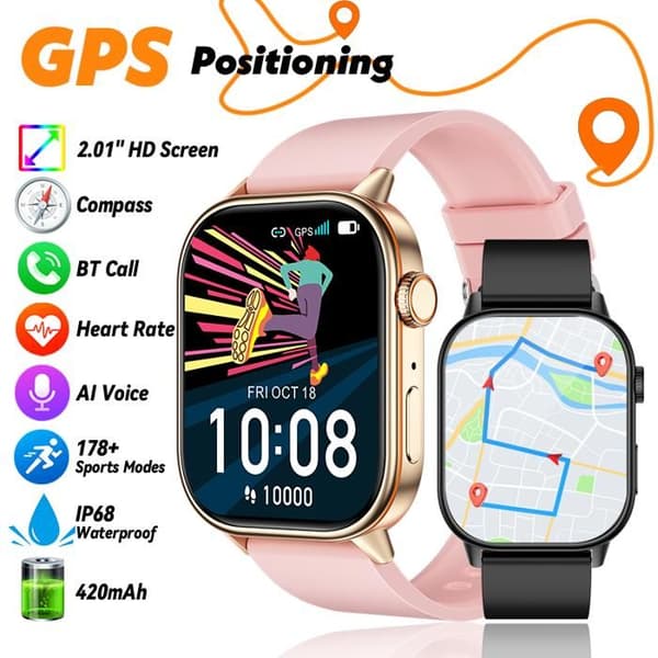 2025 GPS-ur til Android og iOS, 2,01\" HD-skærm, pulsmåler, Bluetooth-opkald, kompas, IP68 vandtæt, herremodel i sølvfarvet stål
