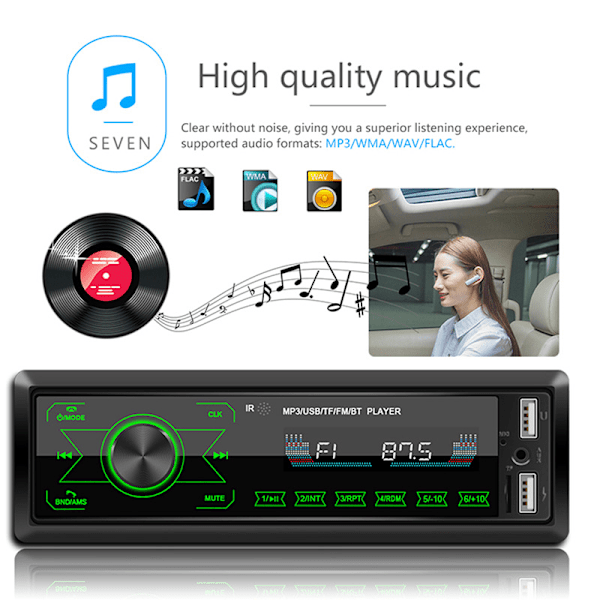 Bil stereo Bluetooth touch screen Bilradio Bluetooth 4x60W 7 farver 2USB/SD/AUX Håndfri Bluetooth 87.5-108M