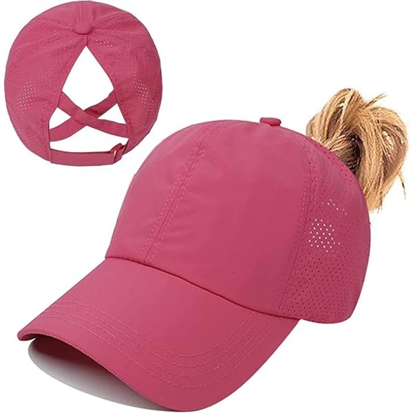 Dame Cross Ponytail Baseball Cap, Hurtigtørkende Mesh Utendørs Sports Cap med Ponytail Hull Justerbar Reise Sommerhatt Rose Pink