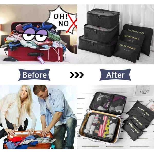 Resväska Organiser Packpåsar, 6 PCS Resväska Packkuber Set för Kläder Resväskor Organisatörer Förvaringsväskor Black