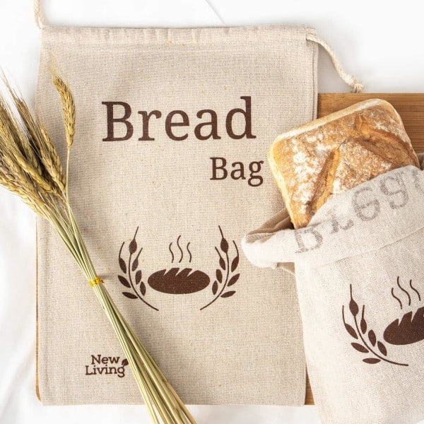 2-pack New Living Naturlig Linnebrödpåse | Organisk blandning | 2 x Återanvändbara brödpåsar | Matförvaringspåse | Brödförvaringspåsar | 38x27 cm |