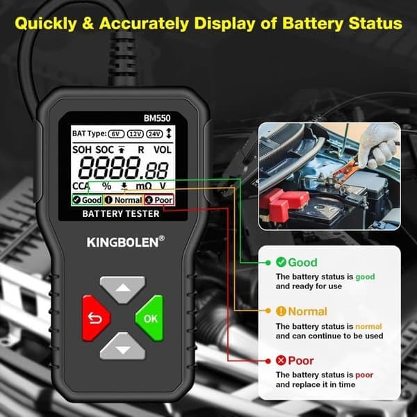 Batteritester - BM550 - 6V 12V 24V - 100-2000 CCA - Digital Analysator - Beskyttelse mod omvendt polaritet