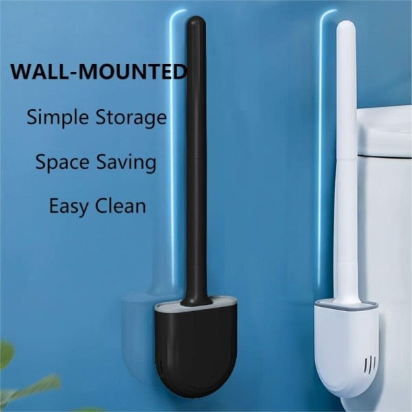 2-pak hvid sort silikone flad toiletbørste, toiletbørste og holder, vægmonteret toiletbørste, blødt gelbørstehoved Ingen dødplads