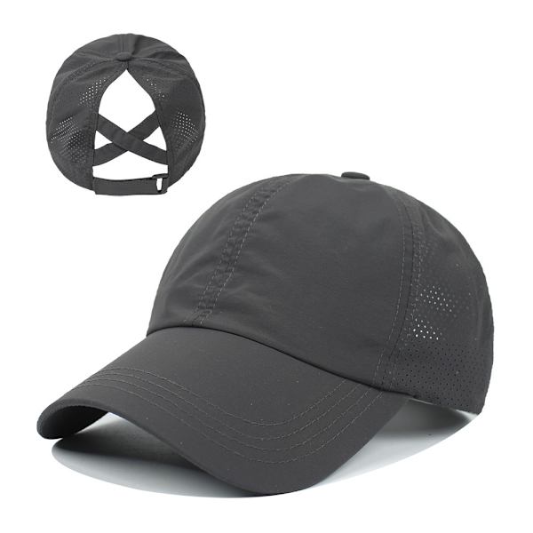Dame Cross Ponytail Baseball Cap, Hurtigtørrende Mesh Udendørs Sports Cap med Ponytail Hul Justerbar Rejse Sommer Hat Dark Gray
