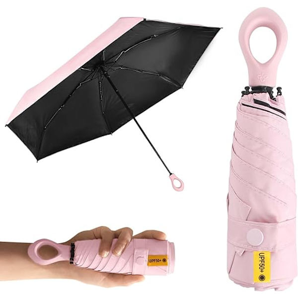 Mini-taittovarjo, luova rengaskahva, tuulen- ja UV-säteilyn kestävä, ultrakevyt sateenvarjo, taitettava ja tukeva, aurinko- ja tuulensuojattu Pink