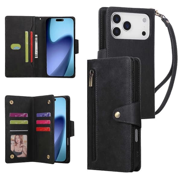 Kompatibel med iPhone 17 Pro Magnetisk Læderpung med Lynlås Kortholder-lingling} Sort Black