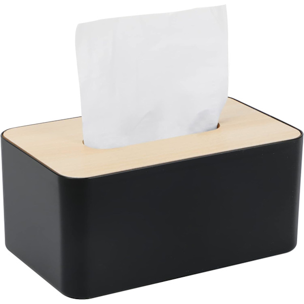 Servetthållare med bambulock, rektangulär, plast, 21 * 13 * 9,5 cm, servettdispenserlåda för vardagsrum, kontor, bil, badrum Black