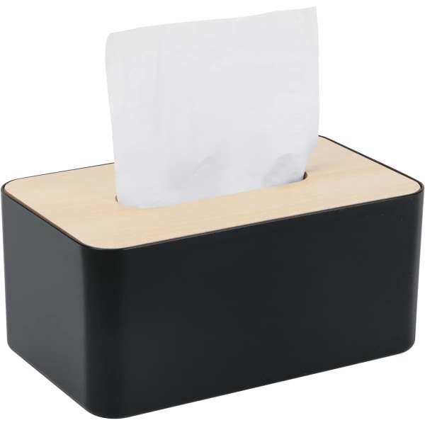 Servietbeholder med bambus top, rektangulær, plast, 21 * 13 * 9,5 cm, servietdispenser til stue, kontor, bil, badeværelse Black