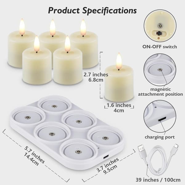 Sett med 6 oppladbare flammeløse telys med timer, LED-batterilys med ladestasjon