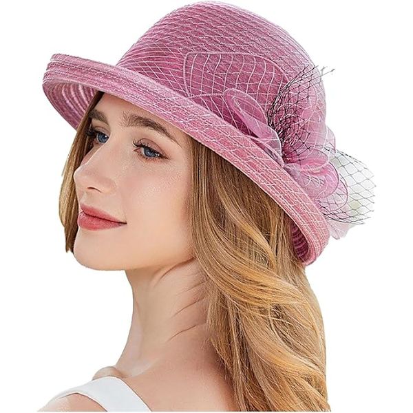 Blonder Solhat Kvinde Fascinatorer Bred Skygge Bryllup Bowler Hatte Cap Åndbar Spand Hatte Solbeskyttelse Rose Red