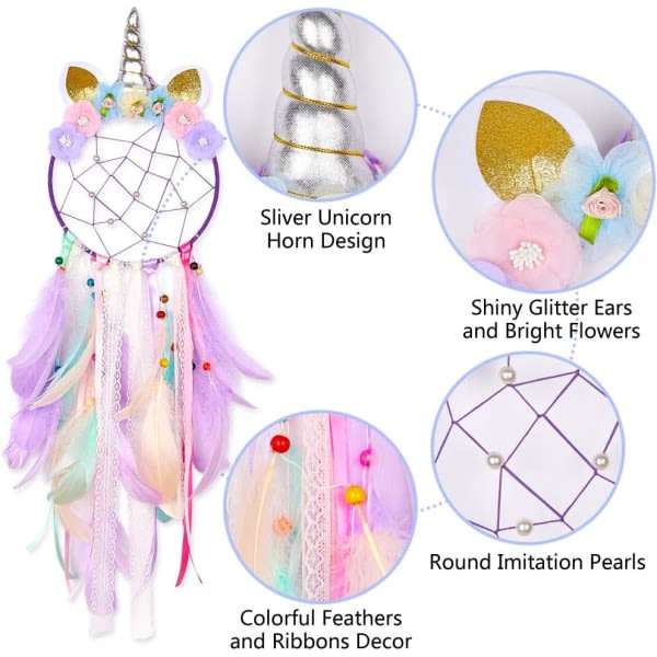 Enhjørning drømmefanger for barn gigantisk håndlaget drømmefanger fjær flimmer romgave hjemmedekor for gutter jenter barnehage hengende lilla