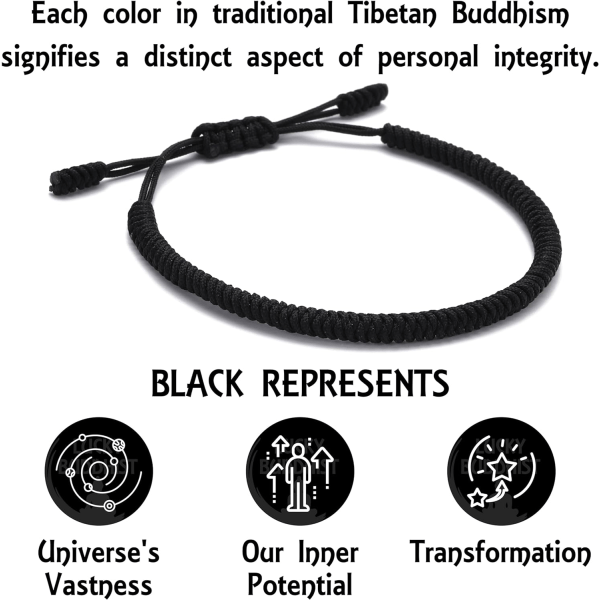 Håndlaget tibetansk lykkearmbånd for kvinner, menn, tenåringer, justerbar størrelse vennskapsgave håndlaget tau flettet chakra armbånd Black