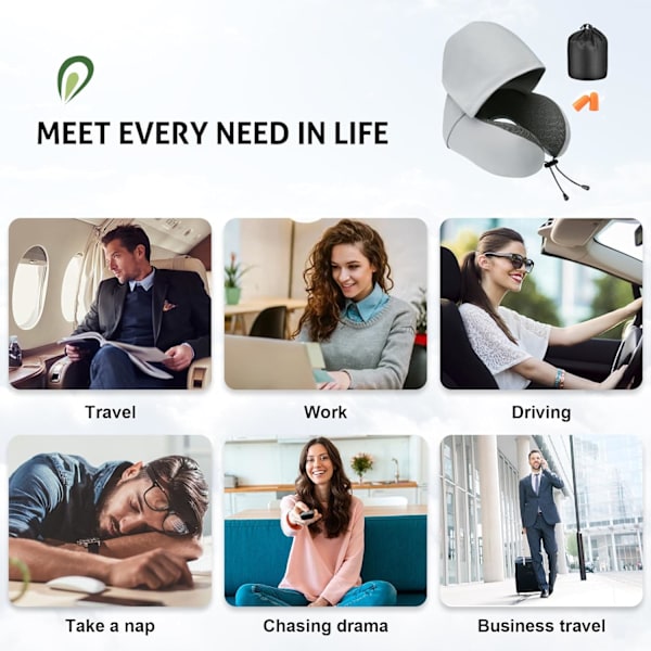 Reisepute for nakke minneskum, hette reise nakkepute for voksne, komfortabel nakkepute for reise med hettegenser Light gray
