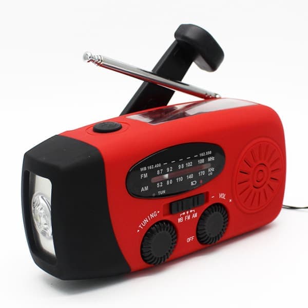 Håndsvingradio 2000mAh Powerbank, Solceller, Lommelygte Rød