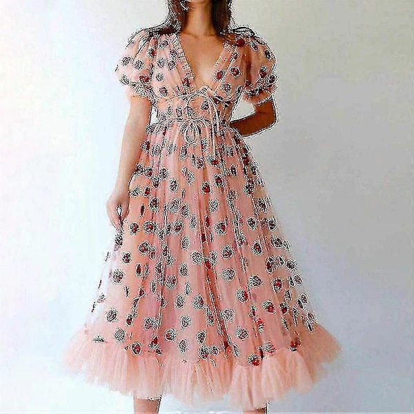 Dame Mode Jordbærprint Dyb V Kortærmet Mesh Cocktail Party Kjole Pink XL