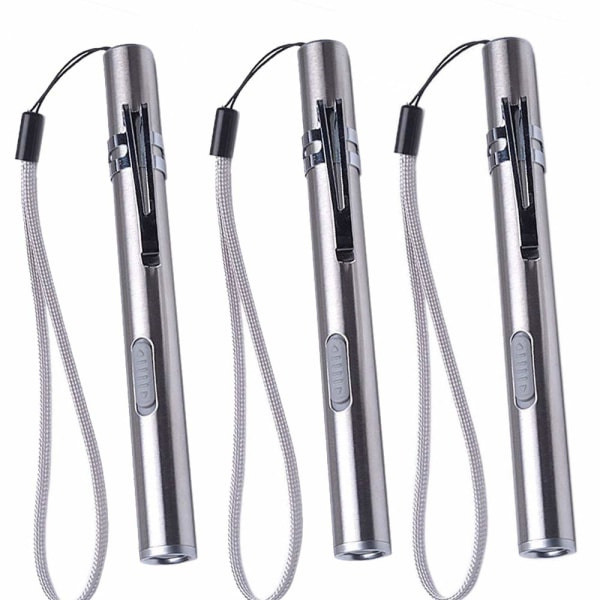3 stk. USB Pen Light LED Sygepleje Lommelygte, Rustfrit Stål Medicinsk Lommelygte Genopladelig Mini Lommelygte Håndholdt Penlight med Klip