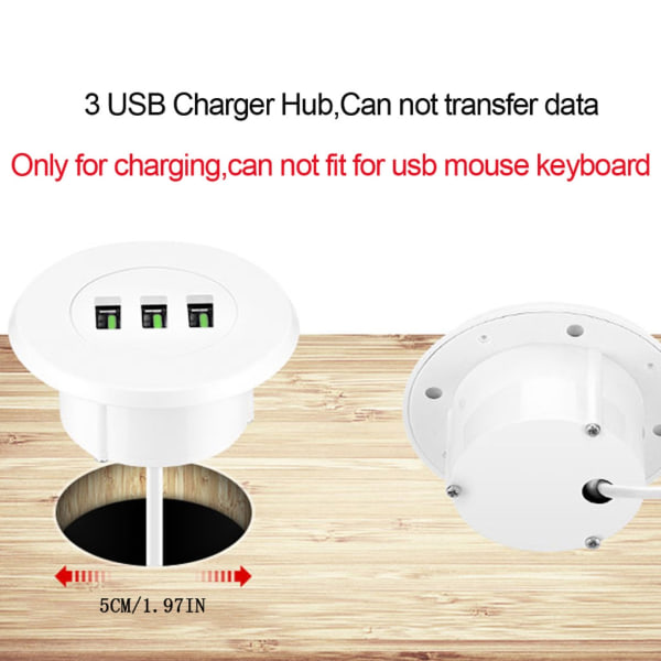 3-port USB-skrivebordslader Skrivebordsladestasjon monteres på 2,0\"/50mm gjennomgående hull med adapter og 1,5m strøm White