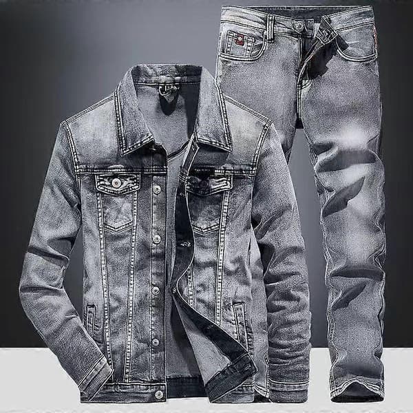 Herr Vår och Höst Klassisk Jeansdräkt Herr Slim Micro-stretch Tvådelad Jacka Jeans 5XL ljusblå light blue S
