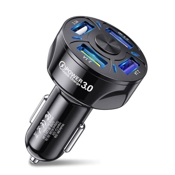 4-ports USB QC 3.0 biloplader, hurtigopladende cigarettænder-oplader - Sort