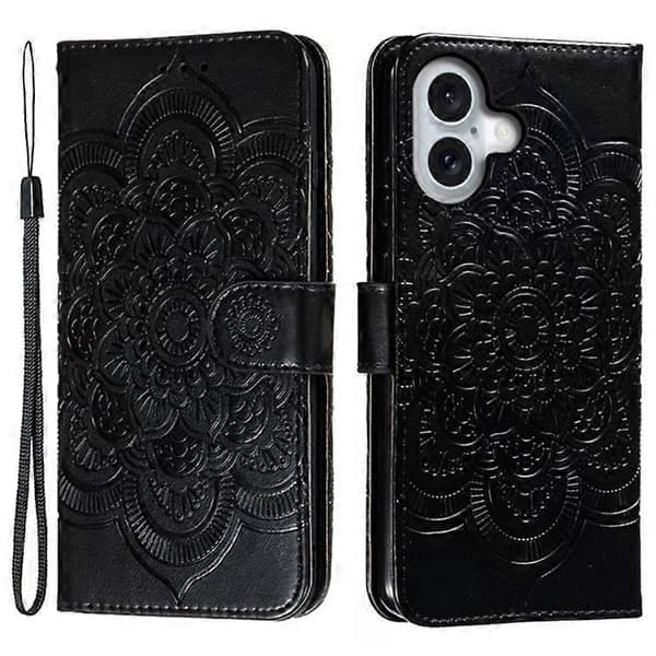 Kompatibelt iPhone 16 Cover PU Læder Mandala Præget Design Pung Cover [DB] Sort Sort