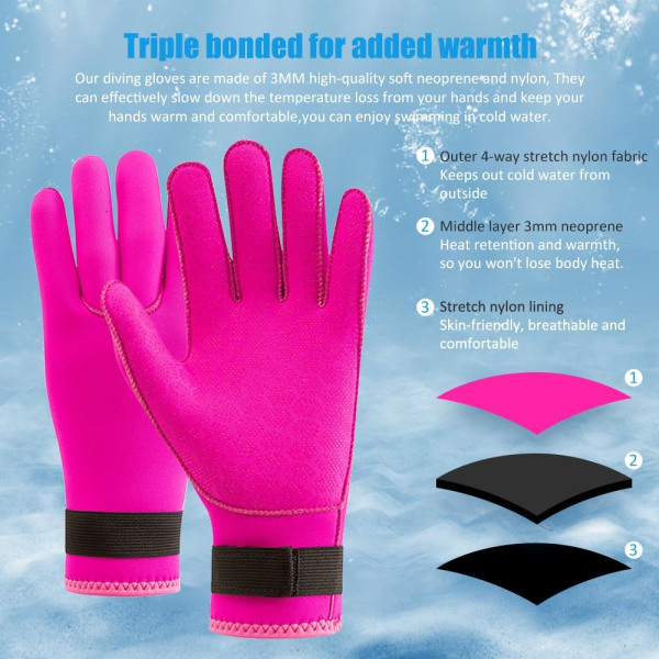 3mm Neopren Dykkerhandsker, Anti-Slip Varme Neopren Svømmehandsker, Termisk Våddragt Handske, (Pink,L)