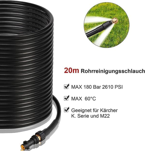Rörrengöringsslang, 20 M, 180 bar, högtrycksslang med adapter, set för Kärcher högtryckstvätt