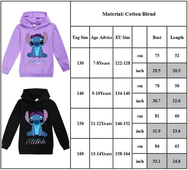 Lilo Stitch Hættetrøje Sweatshirt Langærmet Afslappet Sort[JUN] sort black 130cm