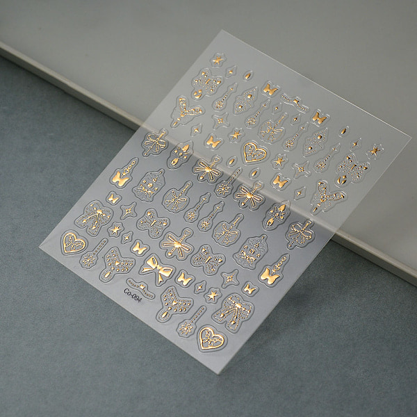 Guldpräglade nagelstickers med rosett, handmålade nagelstickers utan nagel, präglad frans, utsökt enfärgad
