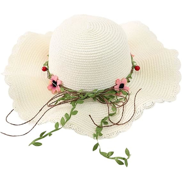 Dam Blommig Fällbar Floppy Bred Brätte Halm Solhatt Sommarhatt UPF 50+ Solskydd Hatt Strandmössa för Strandsemester White