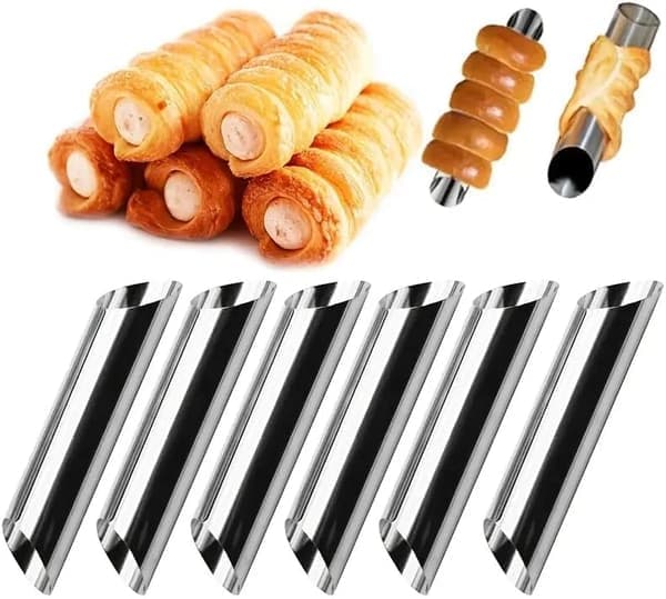 5 cylindriske flødehornforme i rustfrit stål, cannoliforme, non-stick fylderør til wienerbrød og bageforme til croissant-skaller.