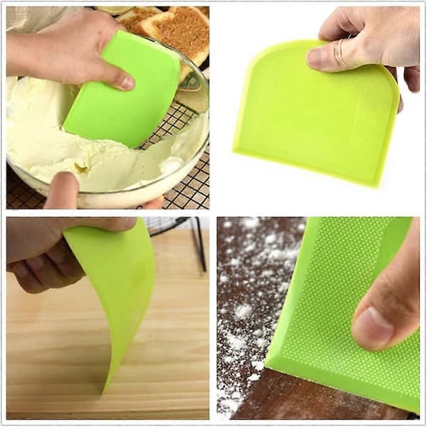 Degskrapa, pizzaskärare i plast, multifunktionellt köksredskap, grön och vit.