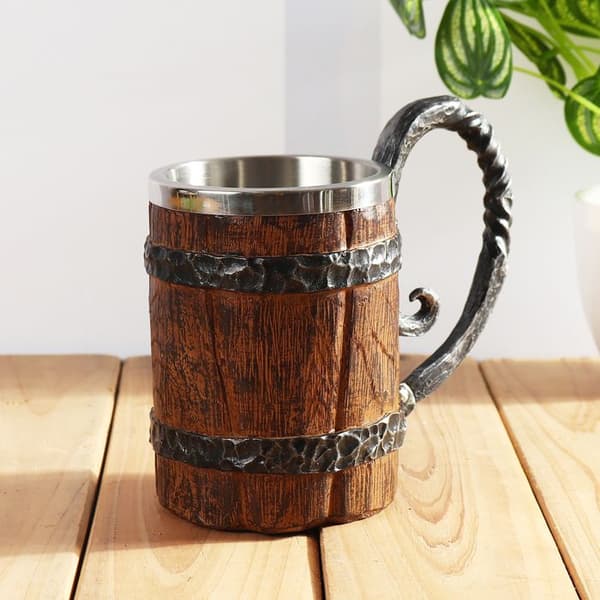 UNIQUE V 600 ml mugg, imitation av råträ, stor dubbelväggig isolerad dricksmugg, vinmugg, metallmugg
