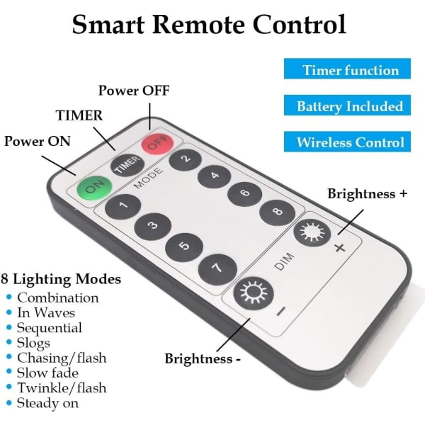 Sett med batteridrevne fe-lys, 33 fot 100 LED-lyssnor, fjernkontrolltimer, 8 moduser, 10 meter blue