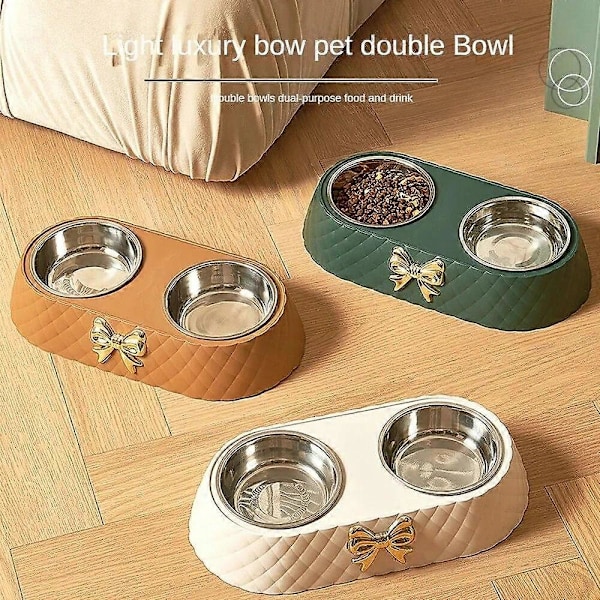 Kæledyrsartikler Bowknot Katte Foderskål PP Base Hundeskål Rustfrit Stål Dobbelt Skål Kæledyrstilbehør Fodring Drikkeskål green