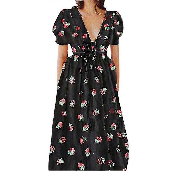 Dame Mode Jordbærprint Dyb V Kortærmet Mesh Cocktail Party Kjole Black XL