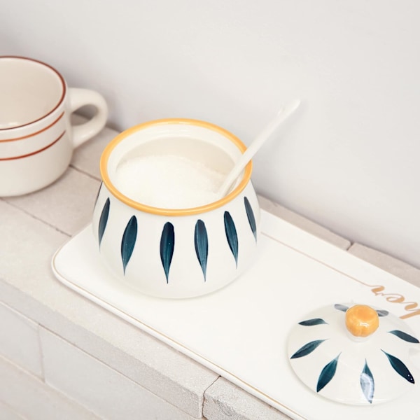 Porcelænssukkerbeholder med låg og ske, keramisk sukkerbeholder til køkken og hjem, landlige sukkerskåle til kaffebar