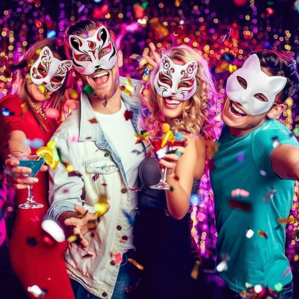 10 stk. malingfarvede kattemasker, dyreudklædningsmasker DIY hvide masker halv til maskerade Halloween børns cosplay masker kostumefest gaver