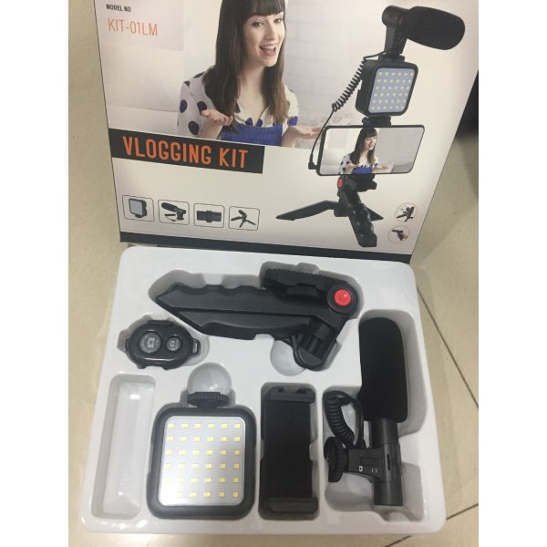 Smartphone Vlogging Video Kit med stativ Mikrofon LED-lys Telefonstativ