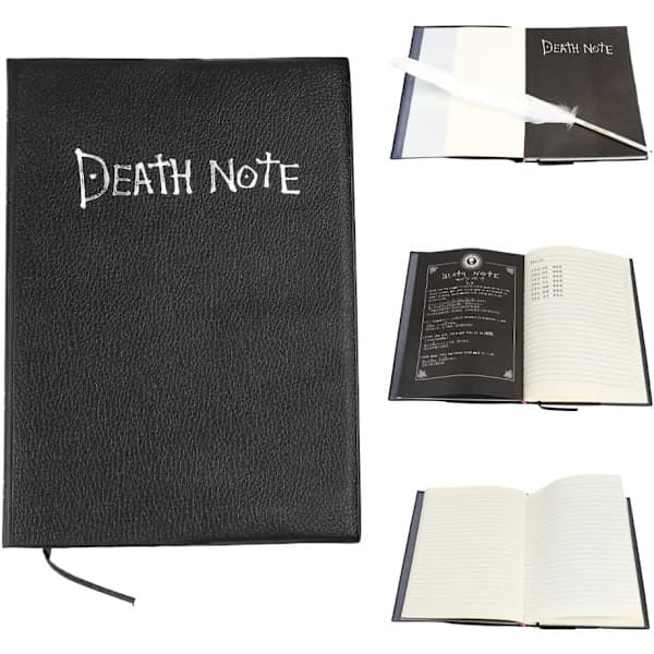 Death Note notatbok, anime-tema Death Note, inkluderer et halskjede og en fjærpenn.