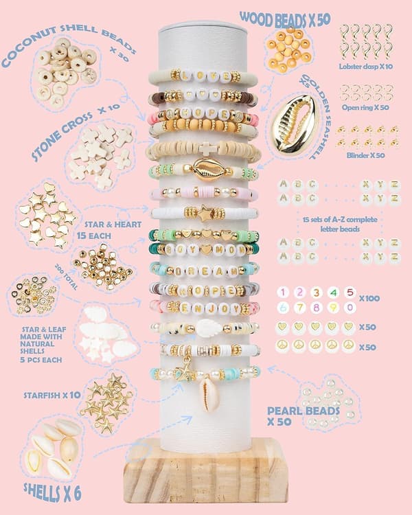 Sæt med 7200 polymer Heishi perlearmbånd med charms. Gaver til voksne.