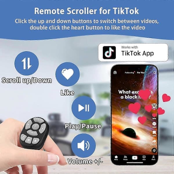 Tiktok Scroll Ring med fingerfjernkontroll, trådløs Bluetooth fingertuppfjernkontroll, fjernkontrollring for iPhone iPad iOS Android