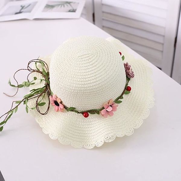 Dam Blommig Fällbar Floppy Bred Brätte Halm Solhatt Sommarhatt UPF 50+ Solskydd Hatt Strandmössa för Strandsemester White