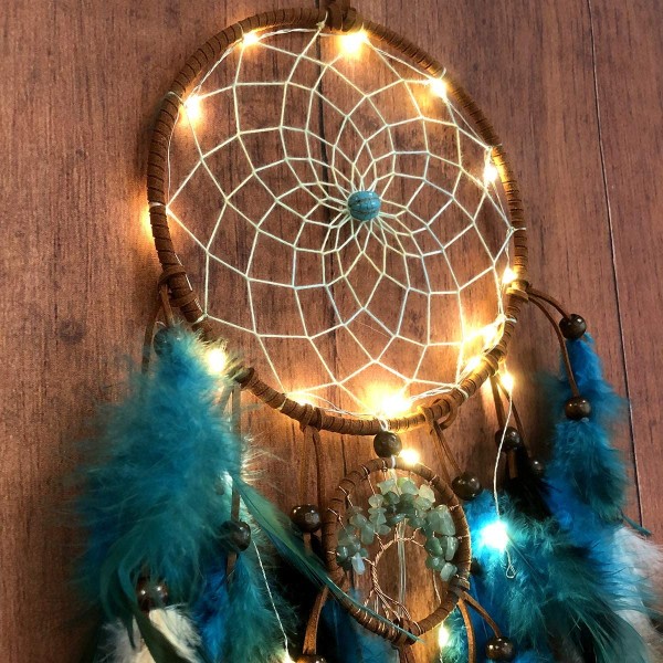 Drømmefanger Blå med fjær og LED Fairy Lights Håndlaget