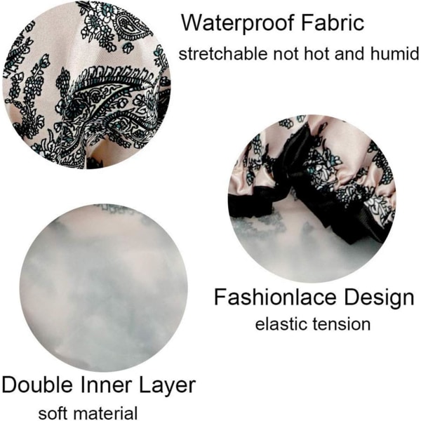 3 pakker Dobbelt lag Dusjhette Vanntett Elastisk Badehette for Kvinner Dusj Spa Salong Multicolor-2