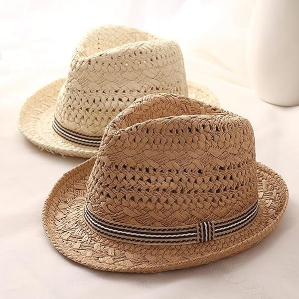 Stråhatt, Cowboy Cowgirl Panama Fedora Hat Klassisk Sommer Strand Solhatt Bred Bremskjerm Jazz Cap Bowler Hat for Barn, Beige