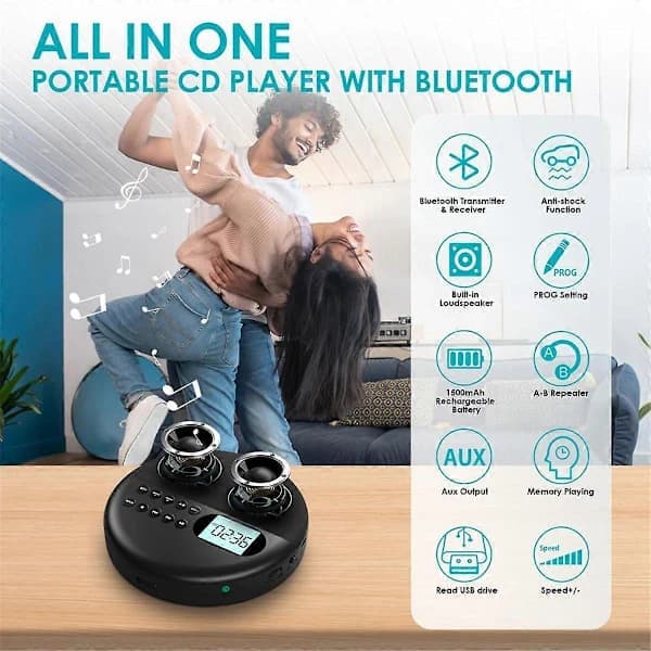 Kannettava Bluetooth-CD-soitin sisäänrakennetulla kaiuttimella, ladattava