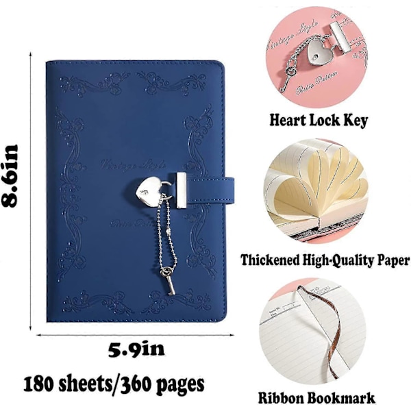 Dagbog med lås og nøgle til piger, tyknet 360 sider læder hjerteformet låsende journal sød låst hemmelig dagbog notesbog til kvinder voksne A5 (pink Blue 9.33 x 6.34 x 2.01 inches