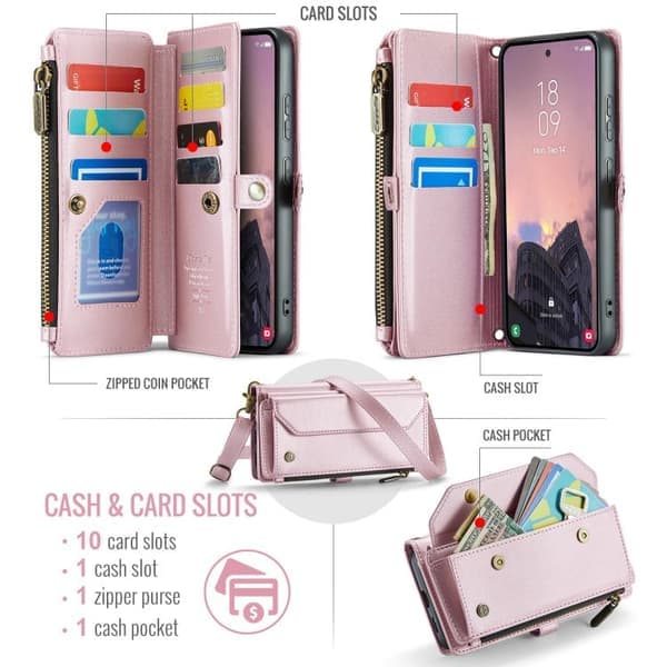 Samsung Galaxy S26 5G Fodral med Kortplats, Blixtlåsplånbok, RFID Skyddande Läder Rosa